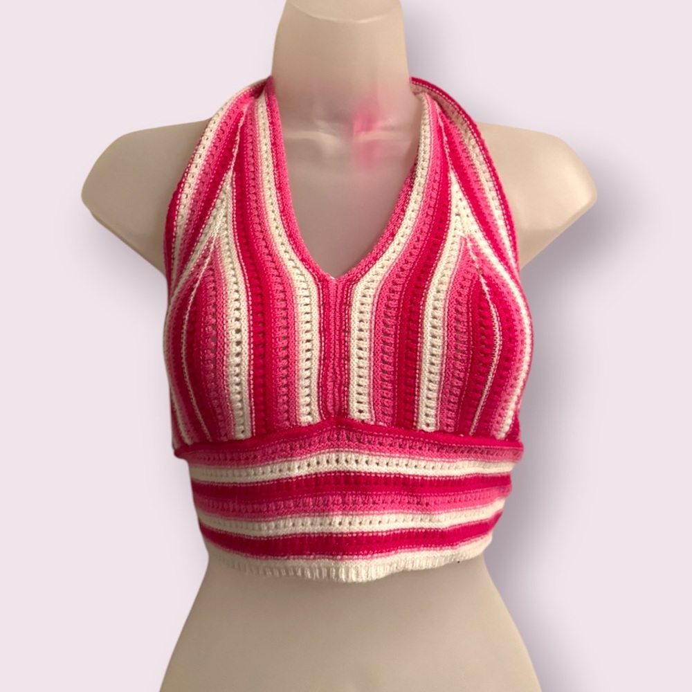 SHEIN Crochet Halter Crop Top Pink White Striped Tie Back Size L